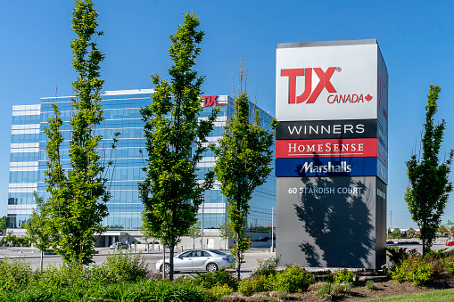 Mississauga, Ontario, Canada - June 7, 2019: Sign of TJX Canada at Corporate office in Mississauga, Ontario, Canada. The TJX Companies, Inc. is an American off-price department store corporation.