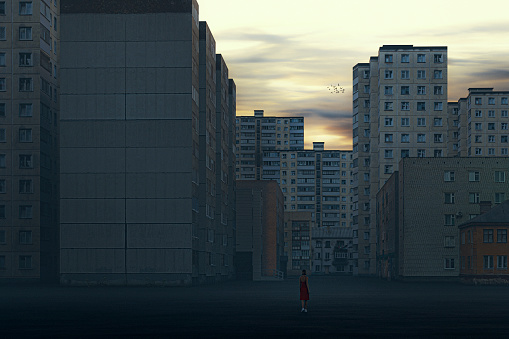 Futuristic depressing concrete neighbourhood; this is entirely 3D generated image.