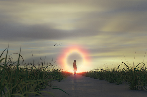 Woman leaving through mysterious portal. 3D generated image.