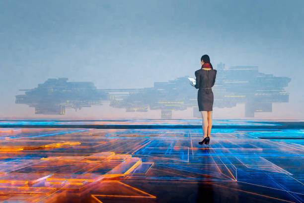 istock Futuristic businesswoman with digital tablet 1303085399