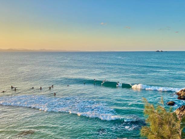 vista do oceano do nascer do sol dos surfistas surfando ondas aquáticas em byron bay beach austrália - surfing sunlight wave sand - fotografias e filmes do acervo