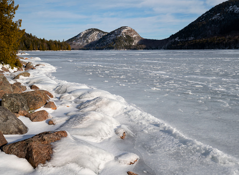 Jordan Pond and Bubble Mountains in Winter. Acadia National Park, Maine