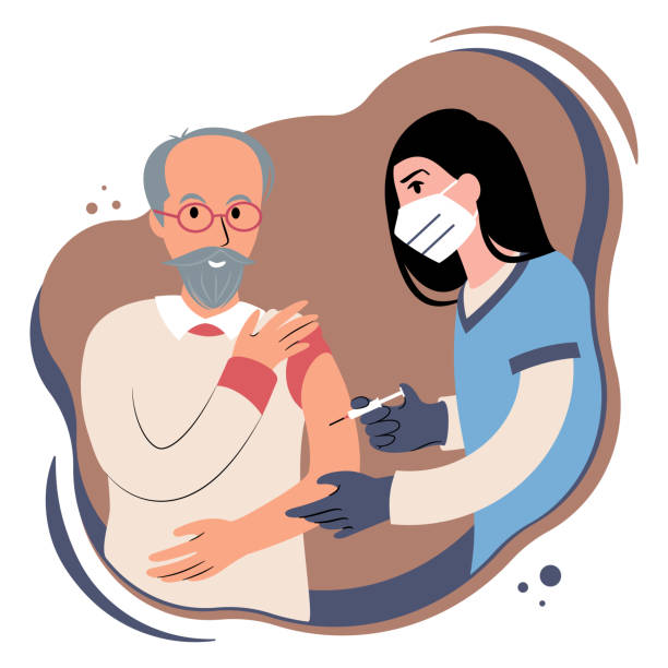 Vaccination procedure. Caucasian female nurse administering a vaccination shot to a patient. Young woman doctor in a face mask holding a syringe and an elderly caucasian man with outstretched arm. Flat style illustration. senior getting flu shot stock illustrations