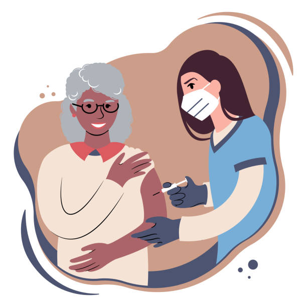 Vaccination procedure. Caucasian female nurse administering a vaccination shot to a patient. Young woman doctor in a face mask holding a syringe and an elderly black woman with outstretched arm. Flat style illustration. senior getting flu shot stock illustrations