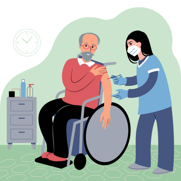 Vaccination procedure. Caucasian female nurse administering a vaccination shot to a patient. Young woman doctor in a face mask holding a syringe and an elderly white man in a wheelchair with outstretched arm. Flat style illustration. senior getting flu shot stock illustrations