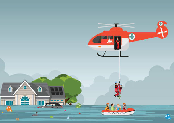 ilustrações de stock, clip art, desenhos animados e ícones de rescue team with rescue helicopter and boat rescue in mission rescue at sea or flood. - rescue helicopter water searching