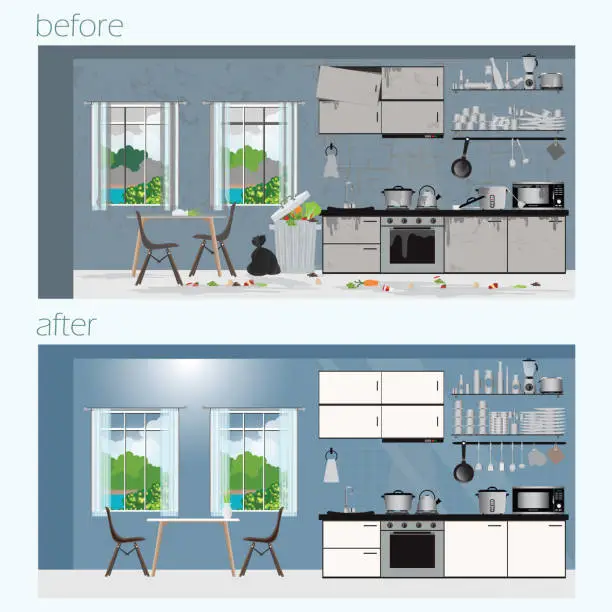 Vector illustration of Kitchen sink with dirty dishes.