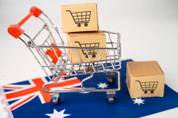Box with shopping cart logo and Australia flag, Import Export Shopping online or eCommerce finance delivery service store product shipping, trade, supplier concept. box con el logotipo del carrito de la compra y la bandera de australia, importar las compras de exportación en línea o el servicio de entrega de servicios de entrega de comercio electrónico almacenan el envío de productos, el comercio, el concepto de p