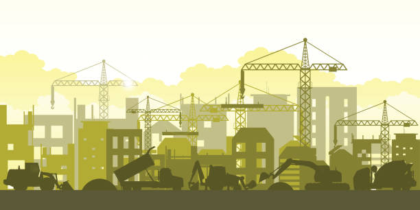Silhouette of building work process with construction machines. Silhouette of building work process with construction machines. Process of construction big building under construction. Vector illustration. engineer silhouettes stock illustrations