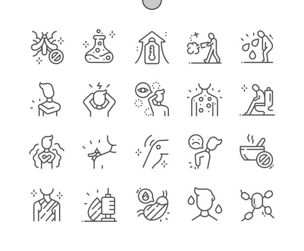 ilustraciones, imágenes clip art, dibujos animados e iconos de stock de dengue. sangrado gastrointestinal. enfermedad, epidemia, infecciosa, virus y parásito. atención médica, médica y medicina. iconos de línea delgada vectorial perfecto de píxeles. pictograma mínimo simple - the vomiting of blood