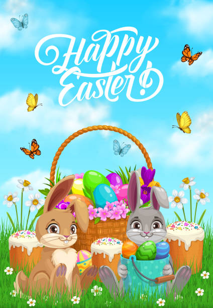 wesołych królików wielkanocnych lub bunny wektor kartka z życzeniami - daffodil spring backgrounds sky stock illustrations
