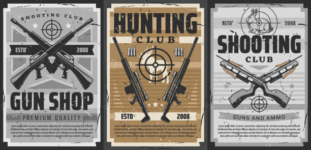 ilustrações de stock, clip art, desenhos animados e ícones de gun and weapon target posters, hunting or shooting - rifle hunting shotgun gun