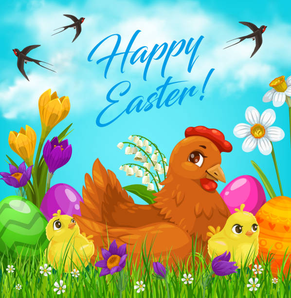 пасхальные яйца и птенцы на зеленой траве - daffodil easter egg hunt easter easter egg stock illustrations