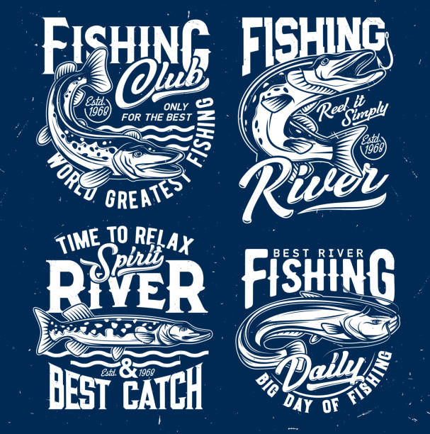 River fishing catch t-shirt print vector template River fishing catch t-shirt print template with northern pike jumping out from water and catching bite on hook, sheatfish or catfish engraved vector. Fishing club emblem, apparel custom design print sheatfish stock illustrations