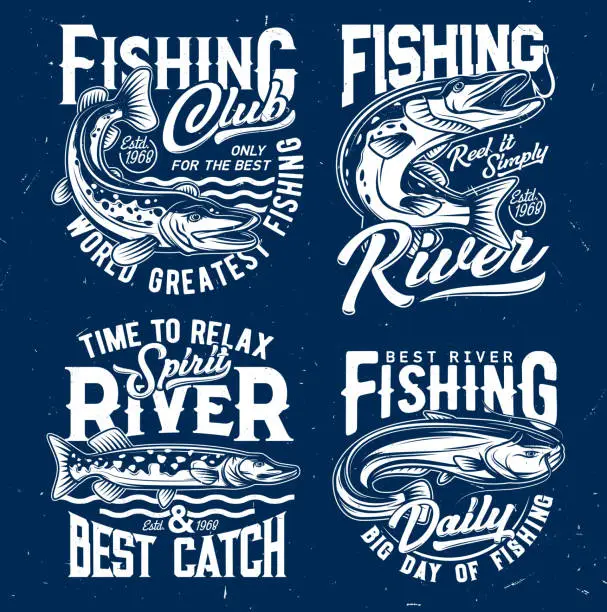 Vector illustration of River fishing catch t-shirt print vector template