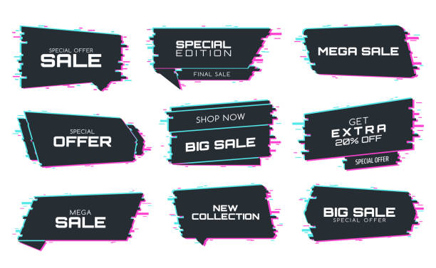 ilustrações de stock, clip art, desenhos animados e ícones de sale labels with glitch effect, vector promo icons - mega pixels