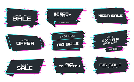 Sale labels with glitch effect, vector promo icons for special edition mega sale. New collection, special offer discount for black friday price off promotion isolated on white background, glitched set