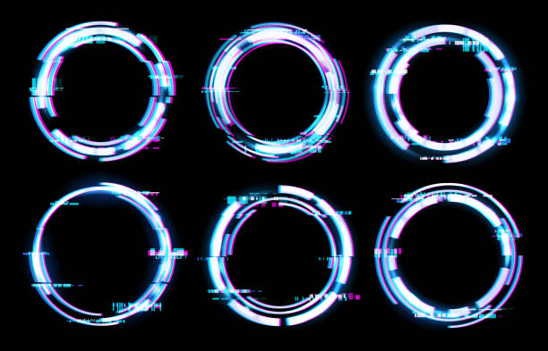 glitch digitale rahmen, kreise neon-licht-effekt - gamer video game video computer stock-grafiken, -clipart, -cartoons und -symbole