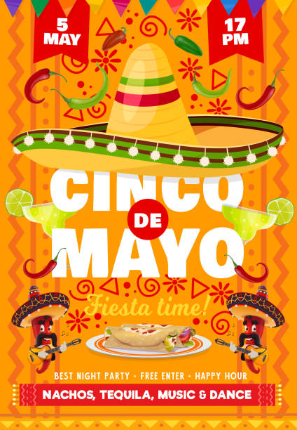 Cinco de Mayo vector flyer with mexican symbols Cinco de Mayo vector flyer with national mexican symbols sombrero hat and tequila in glass shot with lime, red chili japapeno peppers mariachis playing guitar. Cartoon Cinco de Mayo fiesta invitation cinco de mayo stock illustrations