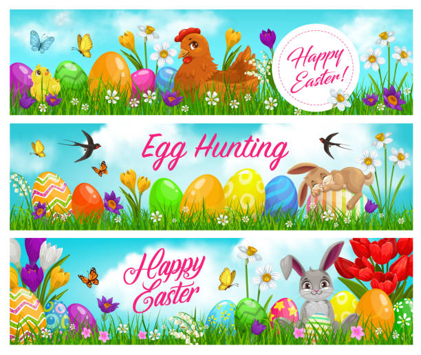 frohe ostern und eierjagd vektor banner - daffodil spring backgrounds sky stock-grafiken, -clipart, -cartoons und -symbole