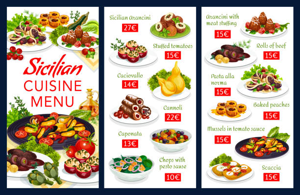 Sicilian cuisine dishes restaurant menu Sicilian restaurant menu with vector dishes of Italian cuisine. Meatball spaghetti pasta, cheese, cannoli and rice arancini, salad and focaccia with vegetables and pesto, stuffed tomato, peach dessert cannoli vector stock illustrations