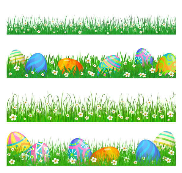 bildbanksillustrationer, clip art samt tecknat material och ikoner med påskgränser av grönt gräs och ägg - easter egg
