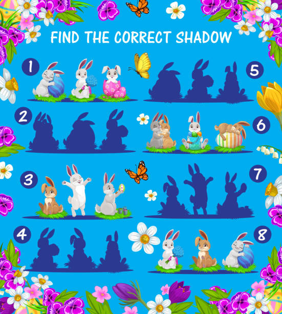 ilustraciones, imágenes clip art, dibujos animados e iconos de stock de juego infantil de sombras de partido de conejos de pascua, huevos - daffodil flower silhouette butterfly