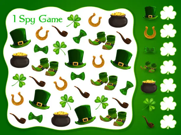 Vector illustration of I spy kids game with Patrick day vector elements.