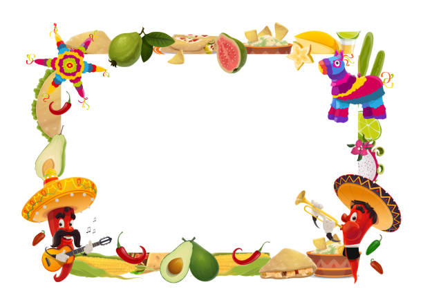 Cinco de Mayo vector frame, mexican holiday border Cinco de Mayo vector frame, mexican holiday. Festive border with jalapenos in sombrero play guitar and trumpet. Mexico drink, food tacos, enchiladas and tequila with lime, corn and fruits with pinata guitar borders stock illustrations