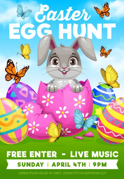 Vector illustration of Easter egg hunt bunny, religion holiday flyer