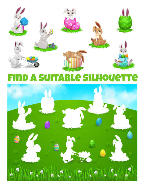 bildbanksillustrationer, clip art samt tecknat material och ikoner med barn spel, hitta rätt skuggor av påskägg jakt - easter egg