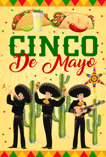 illustrazioni stock, clip art, cartoni animati e icone di tendenza di cinco de mayo poster vettoriale con banda mariachi - mexico mexican culture cinco de mayo art
