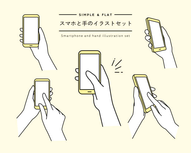 ilustraciones, imágenes clip art, dibujos animados e iconos de stock de un conjunto de ilustraciones de línea simples de una mano sosteniendo un teléfono celular. las palabras japonesas escritas en la página significan "conjunto de ilustraciones de un teléfono y manos". - agarrar ilustraciones