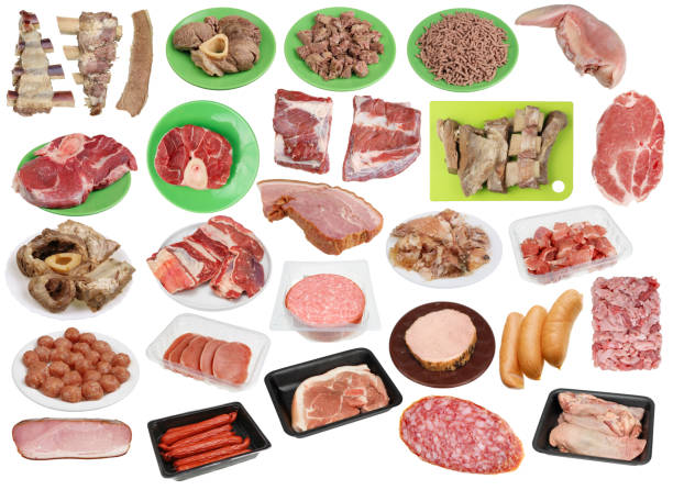 beef and pork meat  in different variations set. isolated - smoked tongue imagens e fotografias de stock