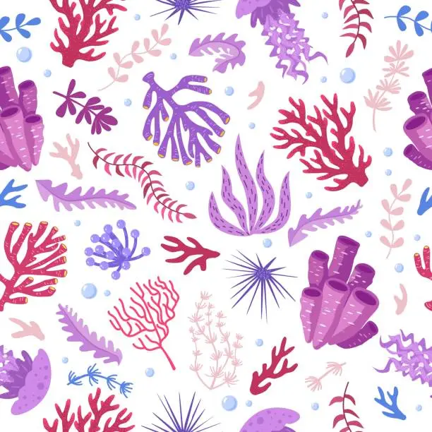 Vector illustration of Seamless pattern with marine fauna - corals, jellyfish, sea anemones, seaweed, sea urchin, bubbles.