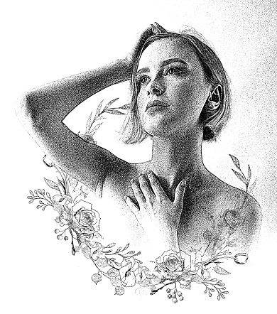 Mezzotint portrait of a beautiful woman and flowers