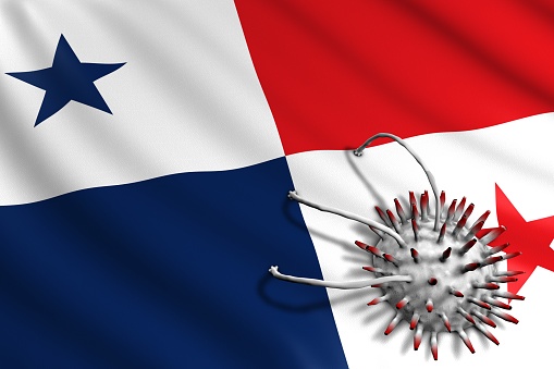 Panamanian Flag attacked by Covid-19 Virus. Pandemic Corona Virus Concept