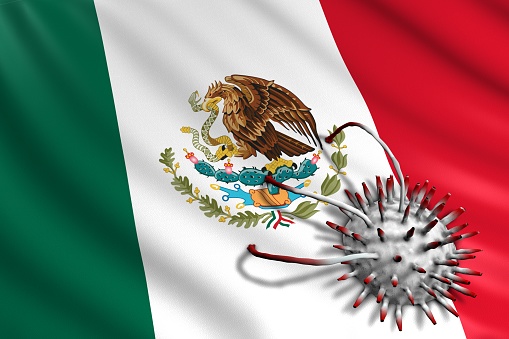 Mexican Flag attacked by Covid-19 Virus. Pandemic Corona Virus Concept