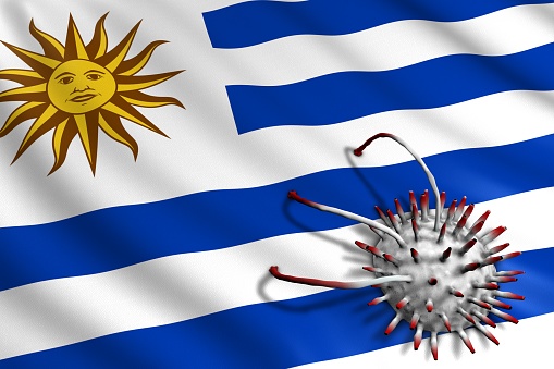 Uruguaian Flag attacked by Covid-19 Virus. Pandemic Corona Virus Concept