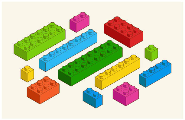 Set of different colorful toy building bricks in isometric view vector stock illustration. Set of different colorful toy bricks in isometric view vector stock illustration. Toy Building Block, Isometric Projection, Block Shape, Child, Cube Shape. toy block stock illustrations