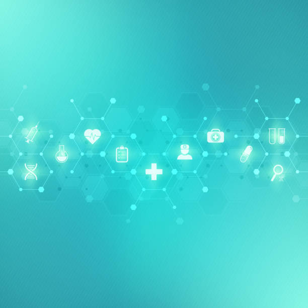 istock Medical background with flat icons and symbols. Template design with concept and idea for healthcare technology, innovation medicine, health, science, and research. 1303119920