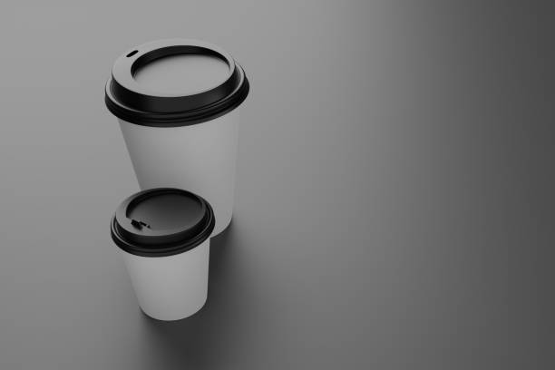 istock Two blank white coffee paper cups on gray background. 3d rendering. 1303120565