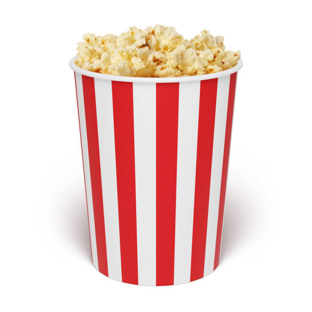 istock Popcorn in striped bucket isolated on white background 1303120572