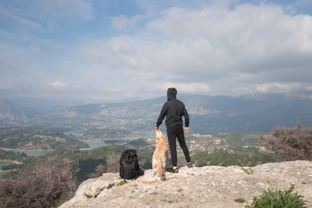 istock Man standing on mountain peak wit his dog. 1303122396
