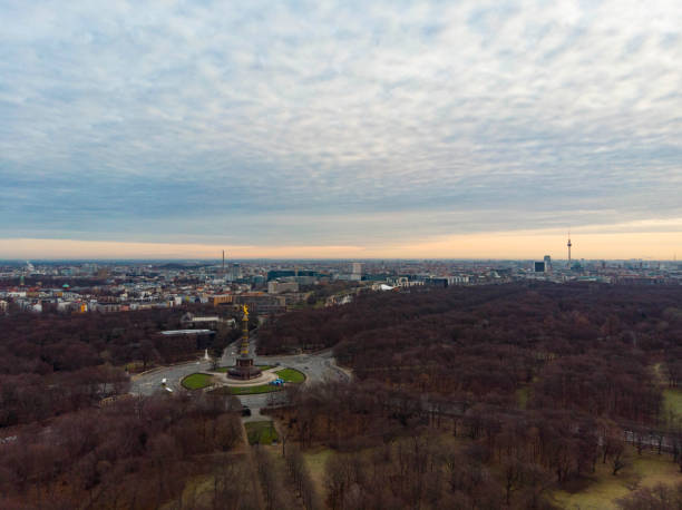 Drone photos around Victory Column Berlin Tiergarten with beautiful sunrise stock photo