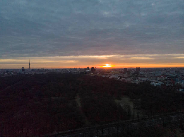 Drone photos around Victory Column Berlin Tiergarten with beautiful sunrise stock photo