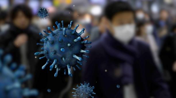 istock 3D illustration virus Covid19 floating in the air. 1303123656