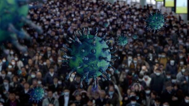 istock 3D illustration Flu coronavirus floating over people at  Japan. Covid 19 1303123691