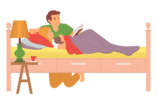 Dad sitting near child, father and daughter reading book, kid lying in bed with toy, wooden furniture, lamp and table, parenthood and bedtime vector