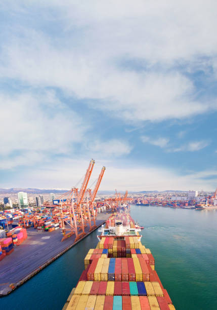 istock Aerial view of cargo ship in transit. 1303125399